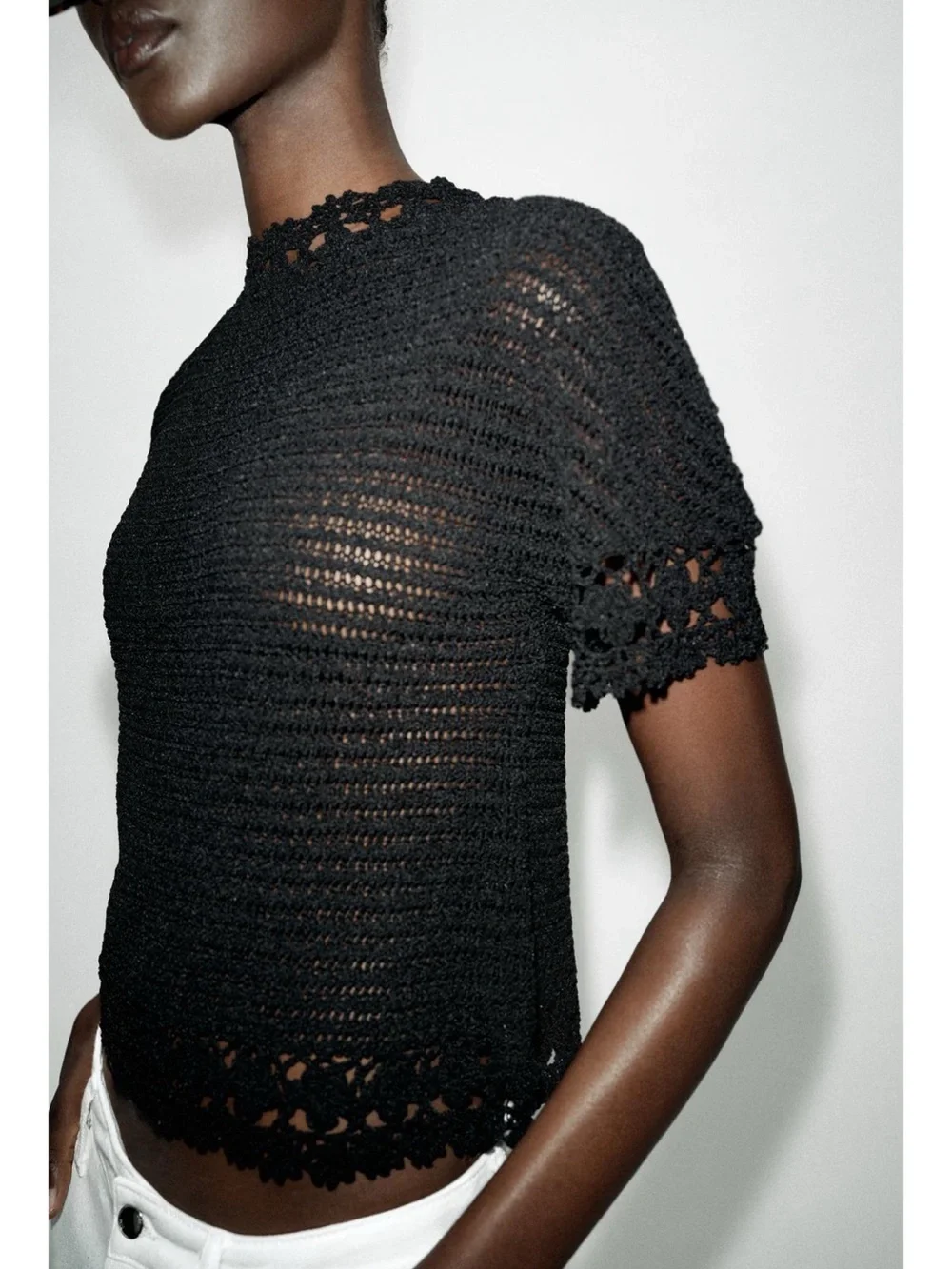 Zara Black Crochet Short Sleeve Knit Top